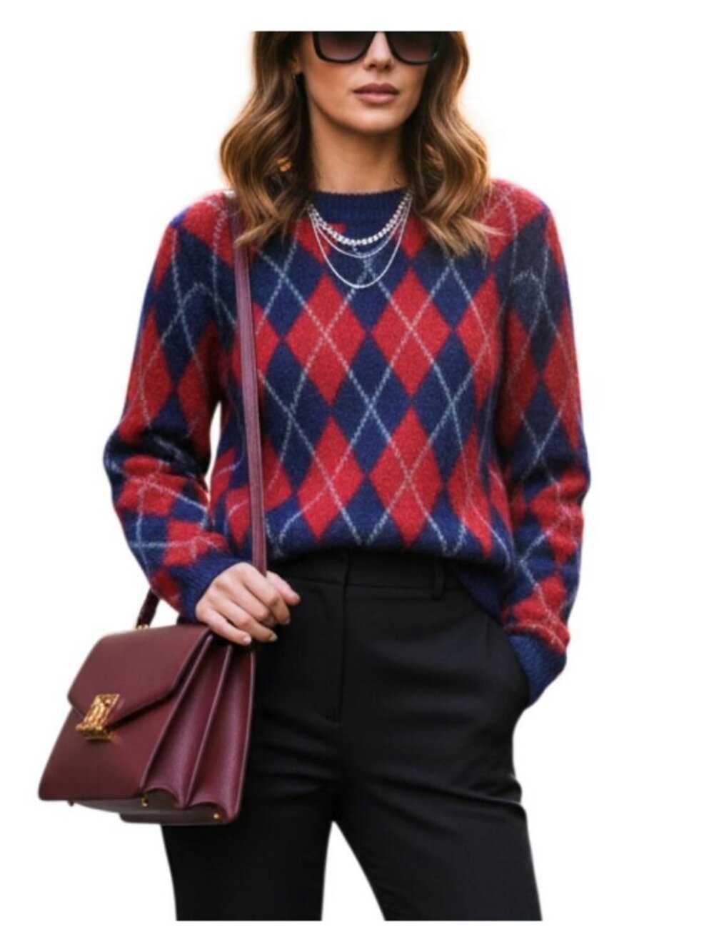 SANDRO Jona Argyle Mohair Blend Crew Neck Sweater Size 4 Blue Red Made In Italy